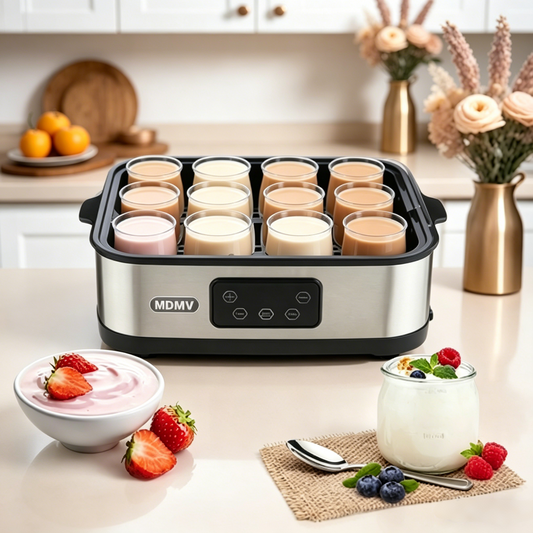 MDMV Yogurt Maker 12 Cups 2.16L Digital PTC 25W Heating Stainless Steel with Glass Jars