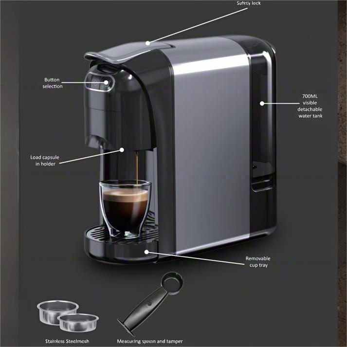 MDMV 3-in-1 Espresso Coffee Machine 20 Bar, 1400W Coffee Maker Compatible with Nespresso & Dolce Gusto Pods and Ground Coffee, Compact Stainless Steel