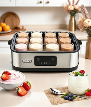 MDMV Yogurt Maker 12 Cups 2.16L Digital PTC 25W Heating Stainless Steel with Glass Jars
