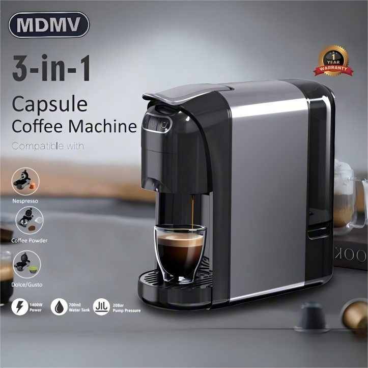 MDMV 3-in-1 Espresso Coffee Machine 20 Bar, 1400W Coffee Maker Compatible with Nespresso & Dolce Gusto Pods and Ground Coffee, Compact Stainless Steel