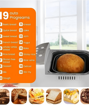 MDMV Automatic Bread Maker - 600W, 1kg Loaf Capacity, 19 Preset Programs, 15-Hour Delay Timer