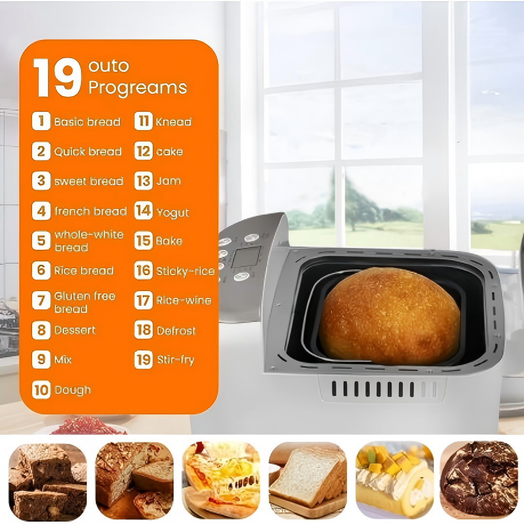 MDMV Automatic Bread Maker - 600W, 1kg Loaf Capacity, 19 Preset Programs, 15-Hour Delay Timer
