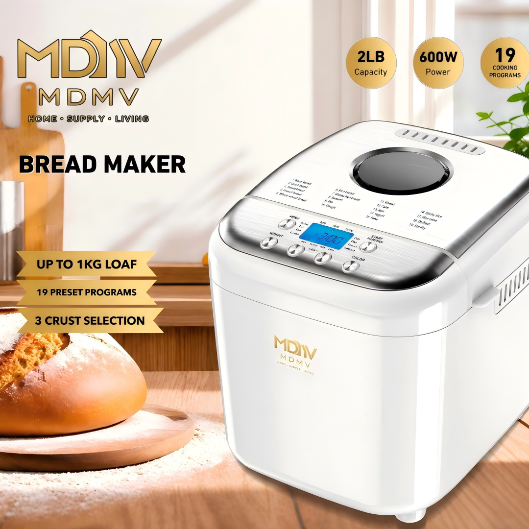 MDMV Automatic Bread Maker - 600W, 1kg Loaf Capacity, 19 Preset Programs, 15-Hour Delay Timer