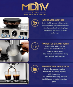 MDMV 20 Bar Espresso Machine with Grinder, Steam Wand & 2L Tank