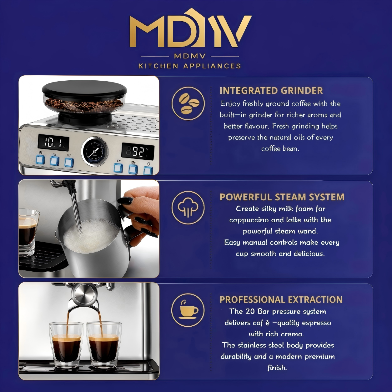MDMV 20 Bar Espresso Machine with Grinder, Steam Wand & 2L Tank