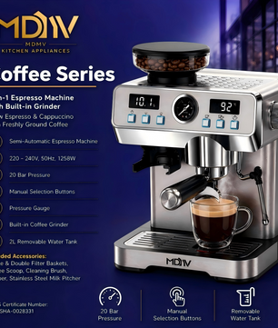 MDMV 20 Bar Espresso Machine with Grinder, Steam Wand & 2L Tank