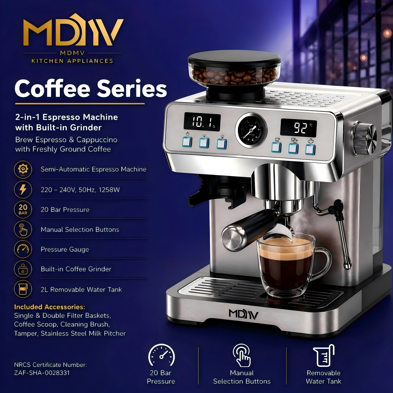 MDMV 20 Bar Espresso Machine with Grinder, Steam Wand & 2L Tank