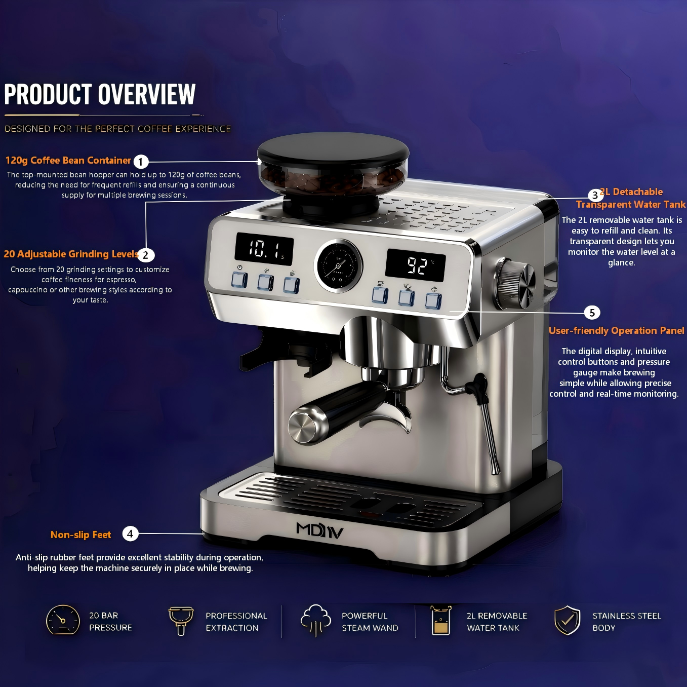 MDMV 20 Bar Espresso Machine with Grinder, Steam Wand & 2L Tank