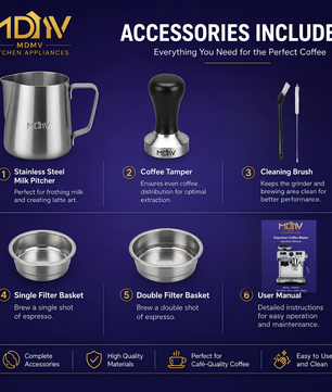 MDMV 20 Bar Espresso Machine with Grinder, Steam Wand & 2L Tank