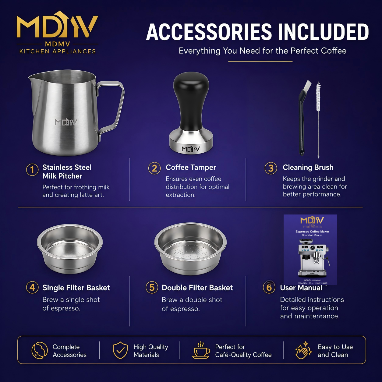 MDMV 20 Bar Espresso Machine with Grinder, Steam Wand & 2L Tank