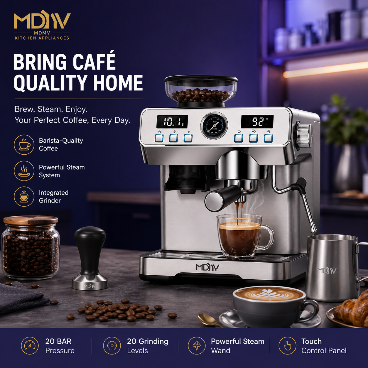 MDMV 20 Bar Espresso Machine with Grinder, Steam Wand & 2L Tank