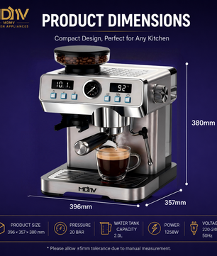 MDMV 20 Bar Espresso Machine with Grinder, Steam Wand & 2L Tank