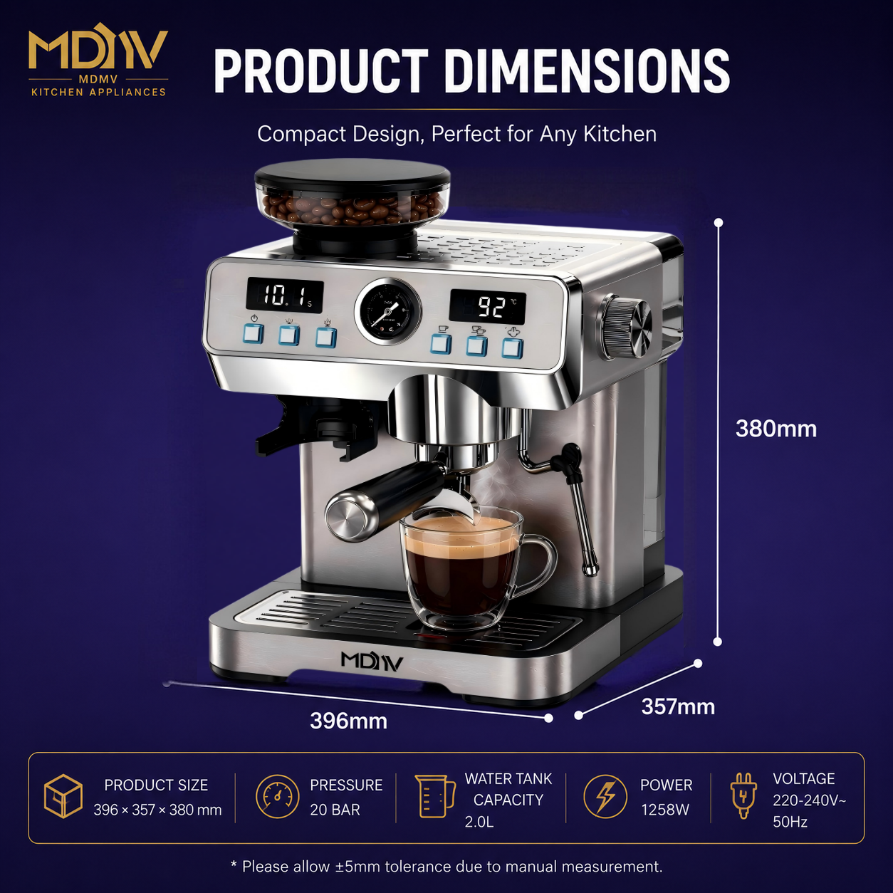 MDMV 20 Bar Espresso Machine with Grinder, Steam Wand & 2L Tank