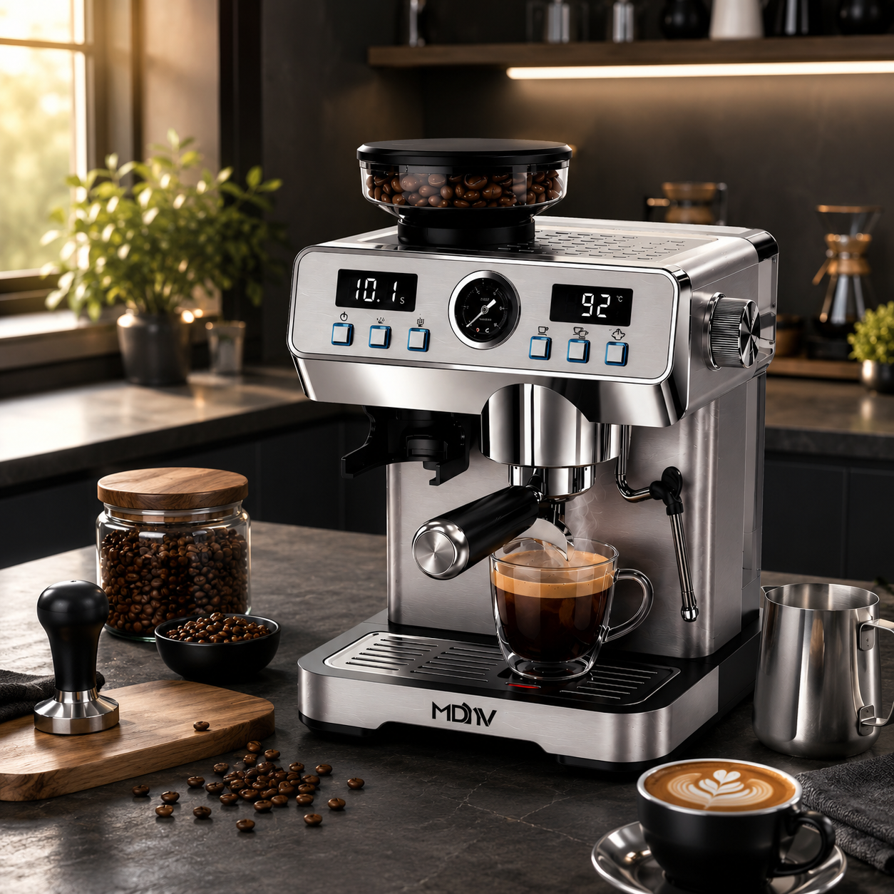 MDMV 20 Bar Espresso Machine with Grinder, Steam Wand & 2L Tank