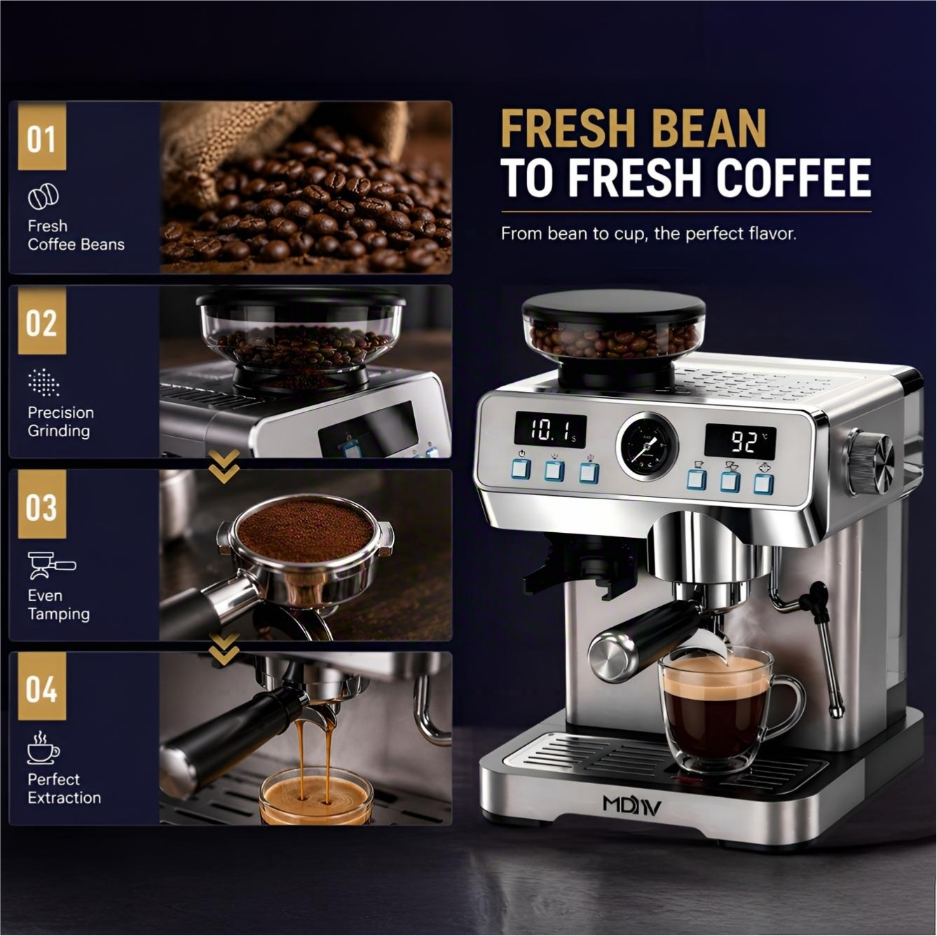 MDMV 20 Bar Espresso Machine with Grinder, Steam Wand & 2L Tank