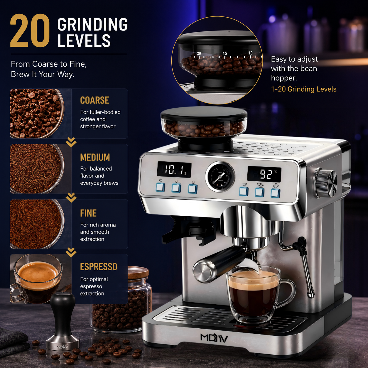 MDMV 20 Bar Espresso Machine with Grinder, Steam Wand & 2L Tank
