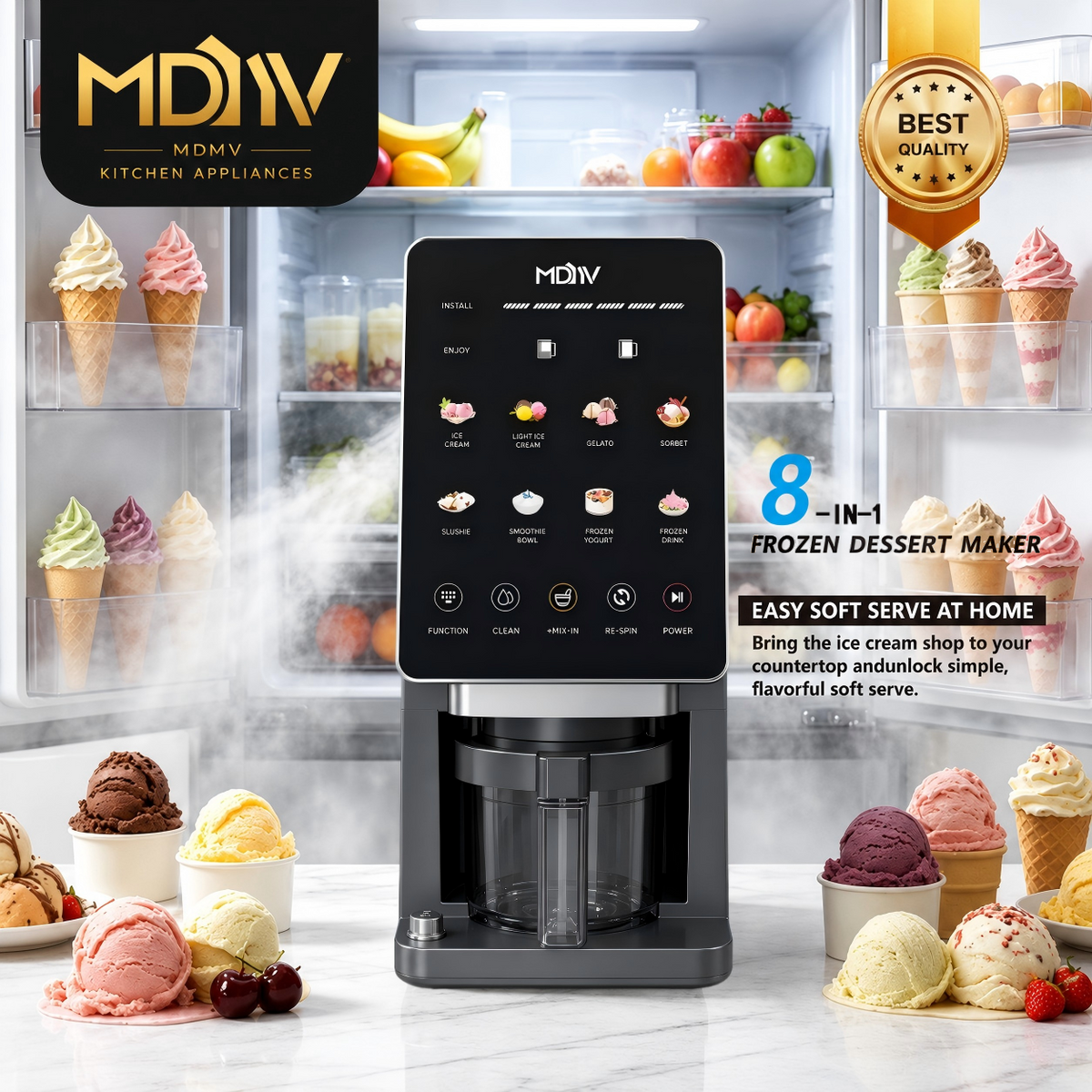 MDMV 800W Ice Cream Maker - 11 Preset Programs, Automatic Compressor Cooling, Touch Screen, 650ml Cup