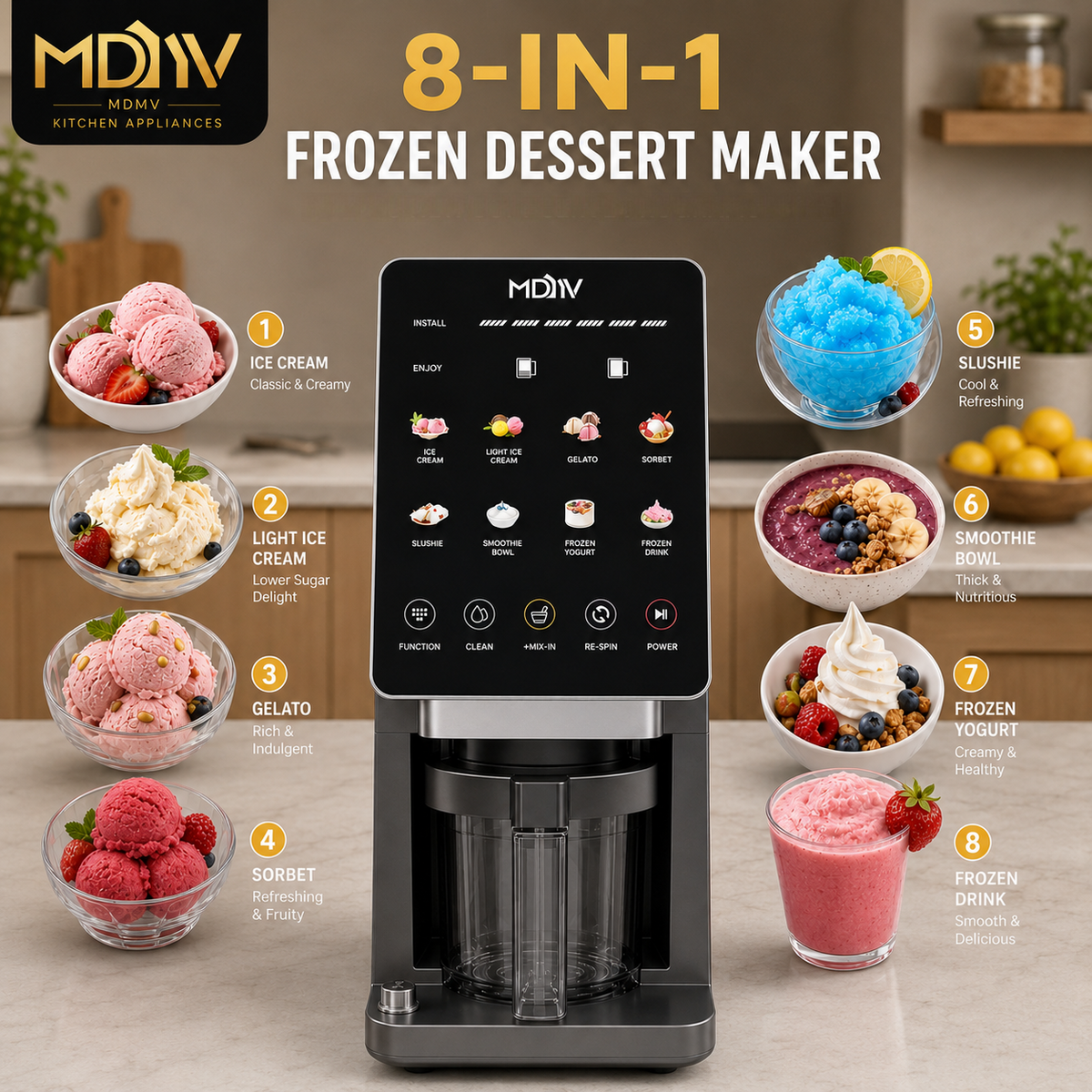 MDMV 800W Ice Cream Maker - 11 Preset Programs, Automatic Compressor Cooling, Touch Screen, 650ml Cup