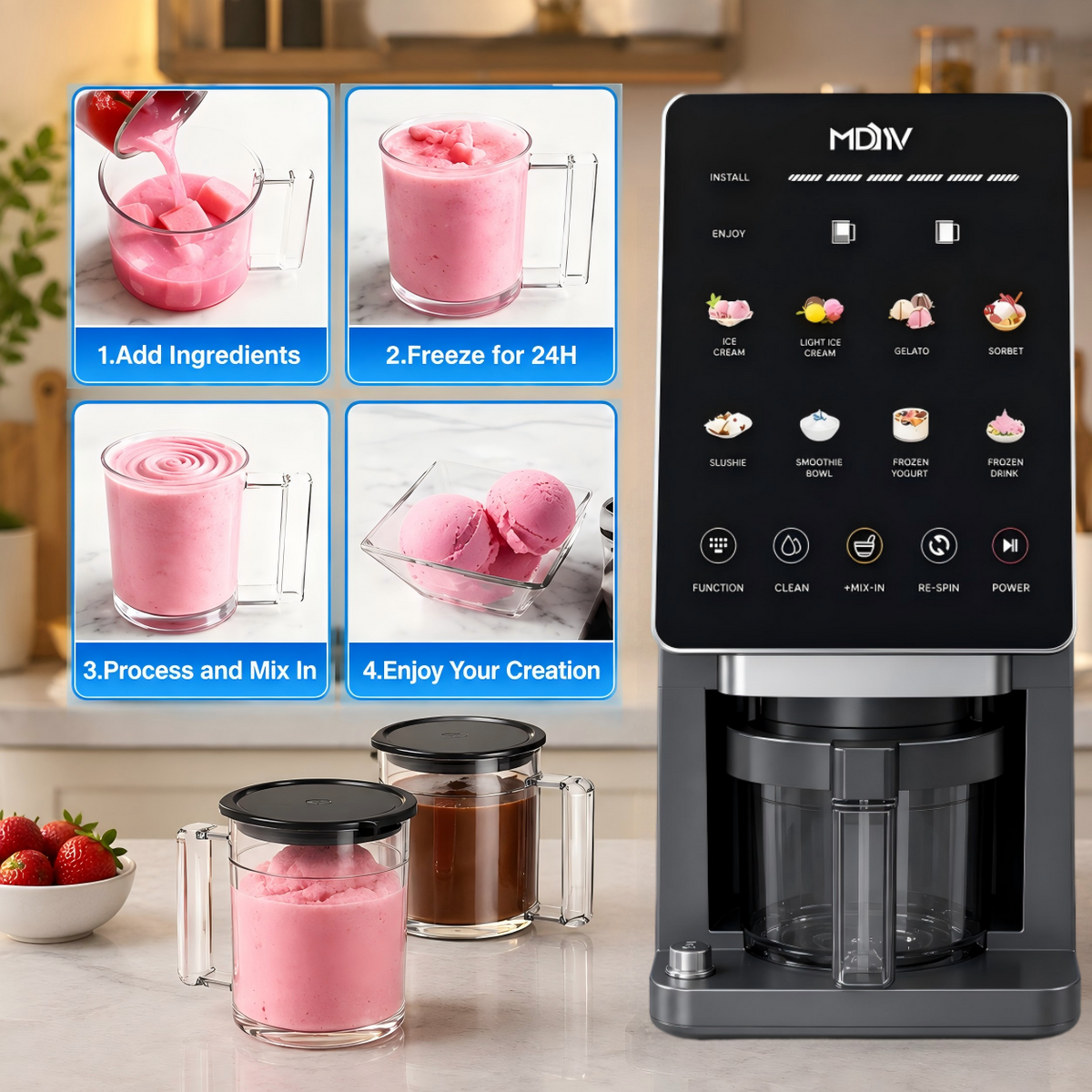 MDMV 800W Ice Cream Maker - 11 Preset Programs, Automatic Compressor Cooling, Touch Screen, 650ml Cup