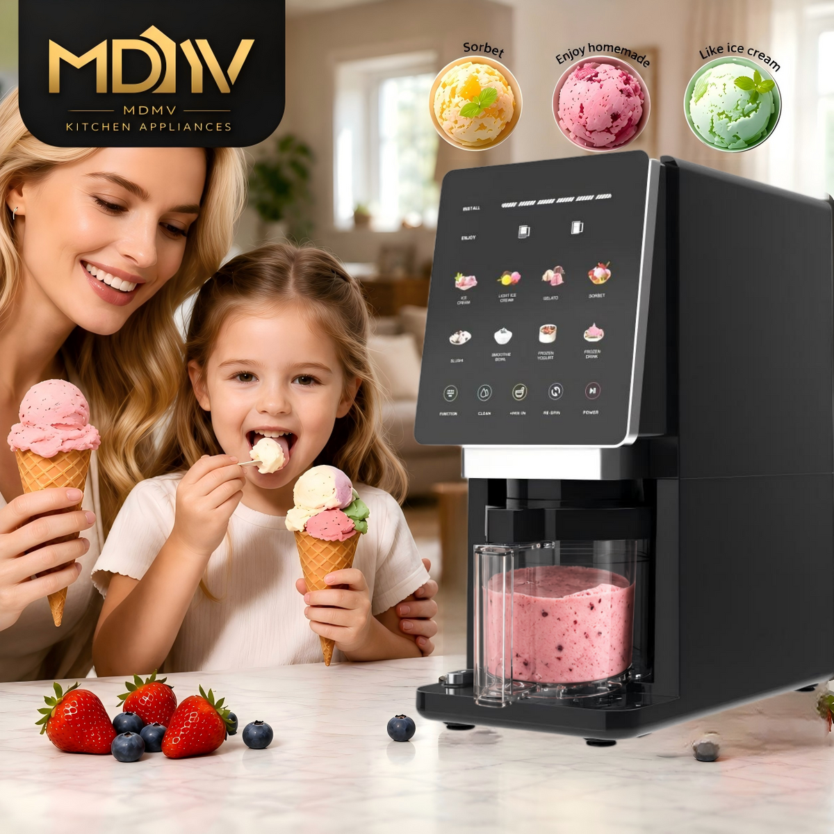 MDMV 800W Ice Cream Maker - 11 Preset Programs, Automatic Compressor Cooling, Touch Screen, 650ml Cup