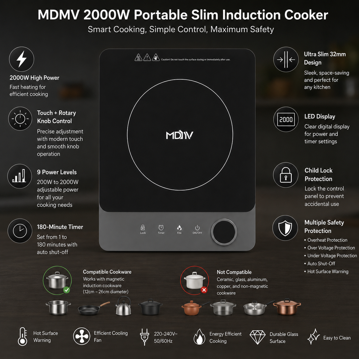 MDMV KSM-20AA 2000W Portable Induction Cooker with Rotary Control