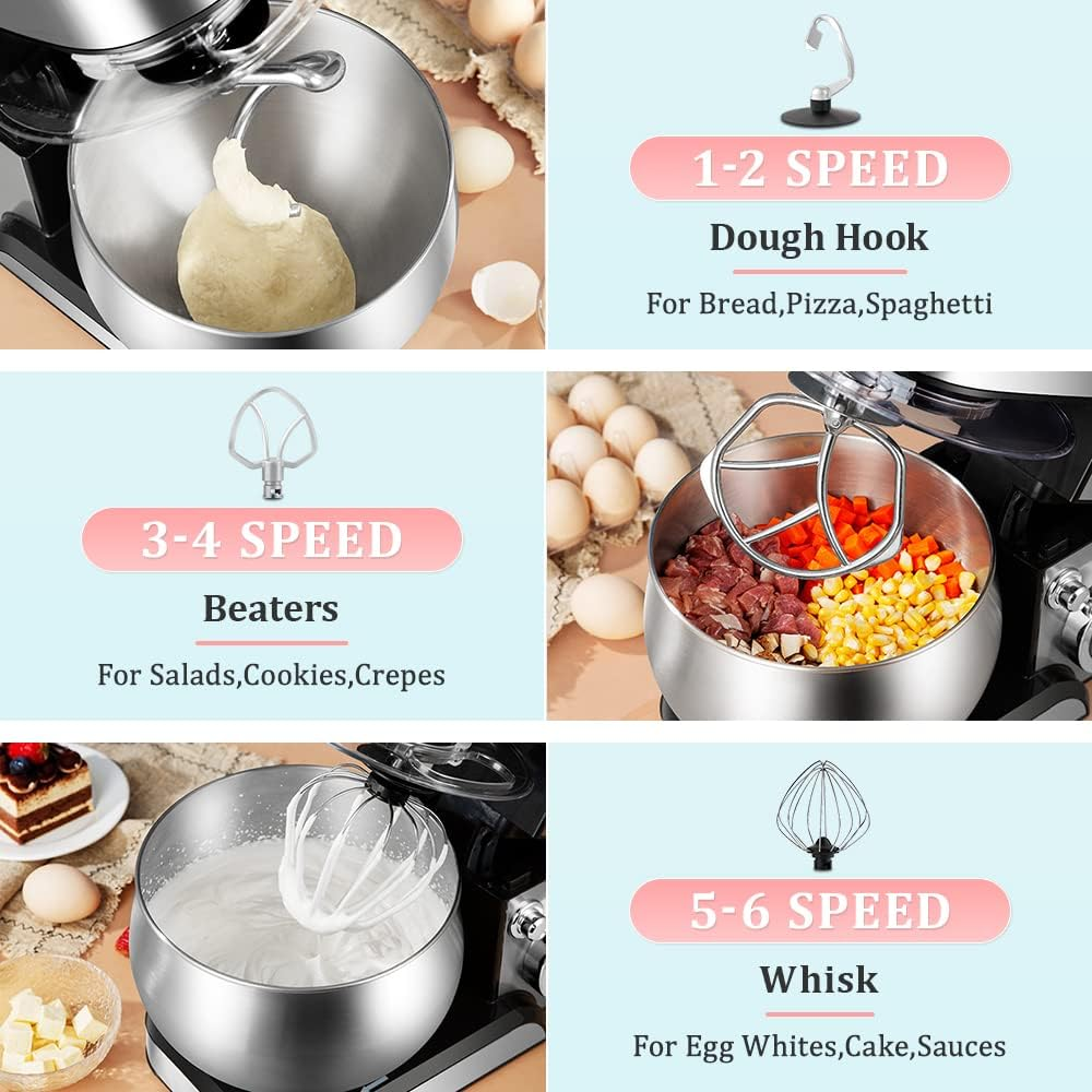 MDMV 1200W Stand Mixer - 5L Stainless Steel Bowl, 6 Speed Control