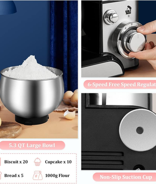 MDMV 1200W Stand Mixer - 5L Stainless Steel Bowl, 6 Speed Control