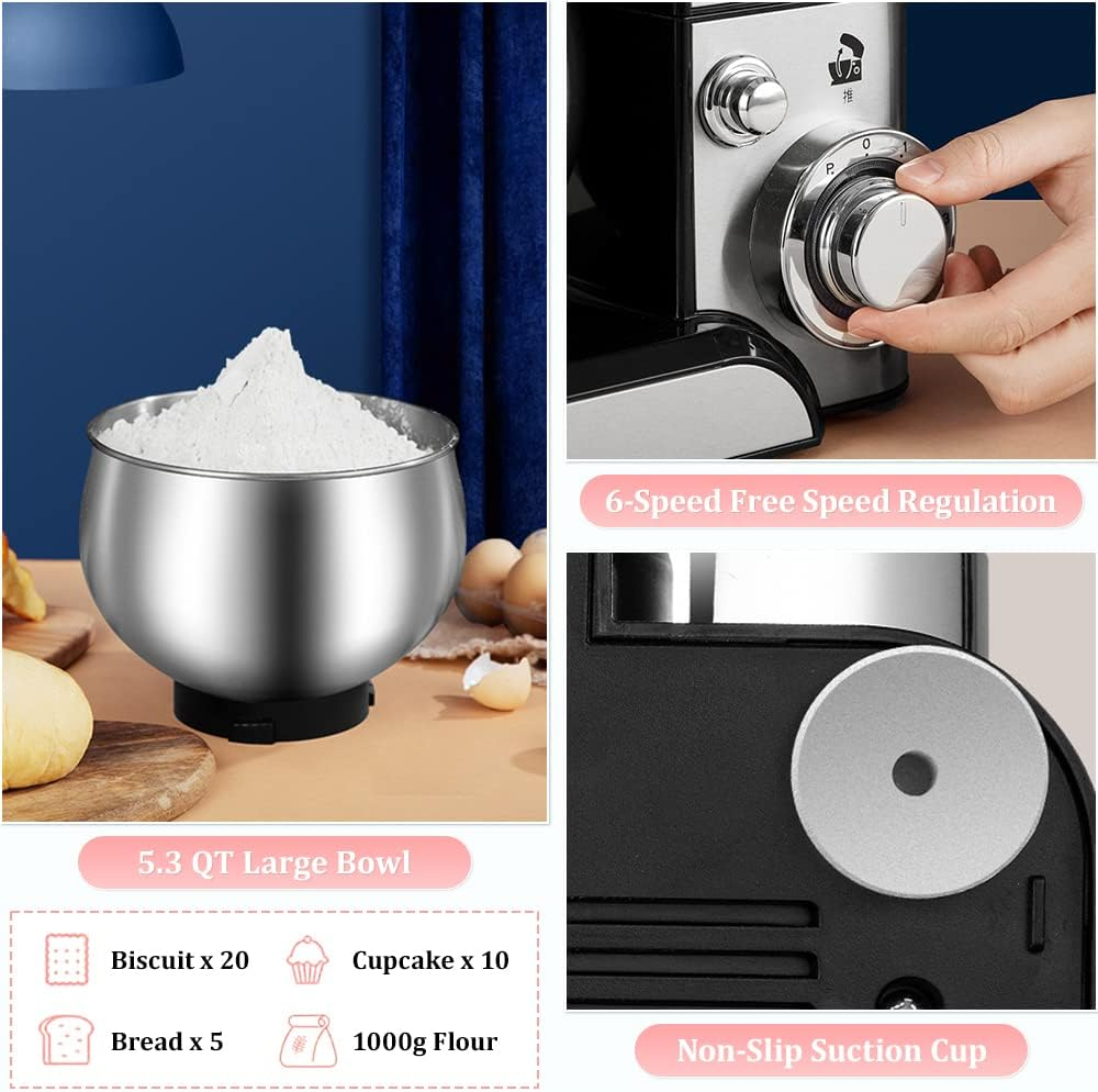 MDMV 1200W Stand Mixer - 5L Stainless Steel Bowl, 6 Speed Control