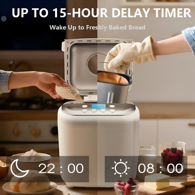 MDMV Automatic Bread Maker - 600W, 1kg Loaf Capacity, 19 Preset Programs, 15-Hour Delay Timer