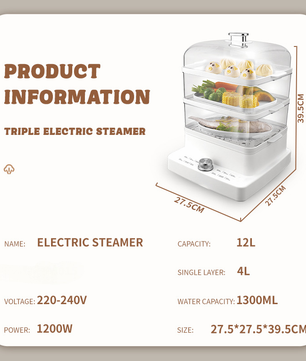 MDMV 12L 3 Tier Electric Food Steamer - 12 Cooking Modes, 1200W