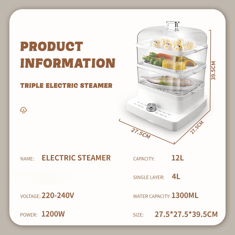 MDMV 12L 3 Tier Electric Food Steamer - 12 Cooking Modes, 1200W