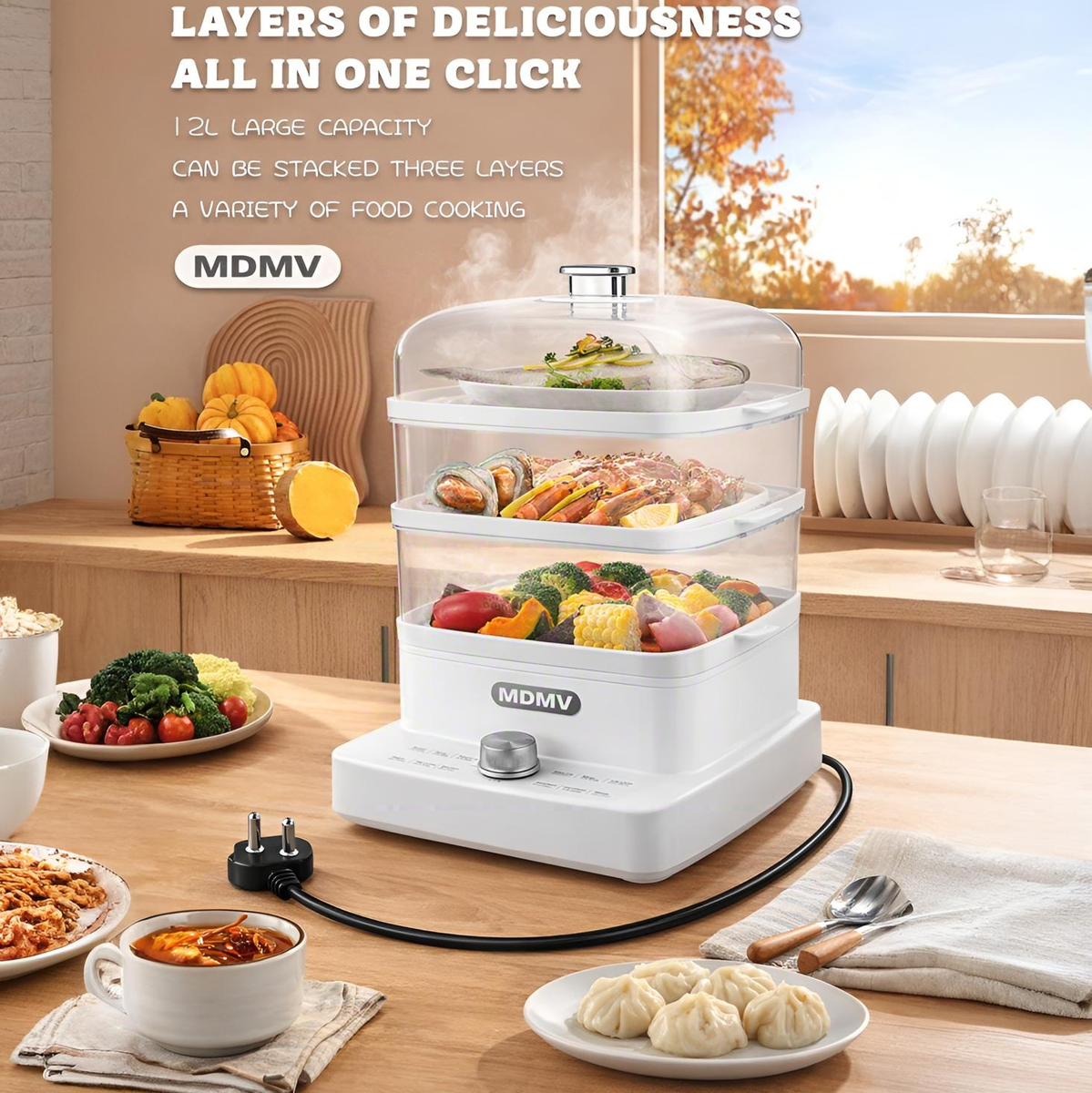 MDMV 12L 3 Tier Electric Food Steamer - 12 Cooking Modes, 1200W