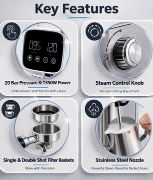 MDMV 20 Bar Espresso Coffee Machine with Milk Frother, 1350W LED Display, 51mm Portafilter, Compact Stainless Steel Coffee Maker for Cappuccino & Latte
