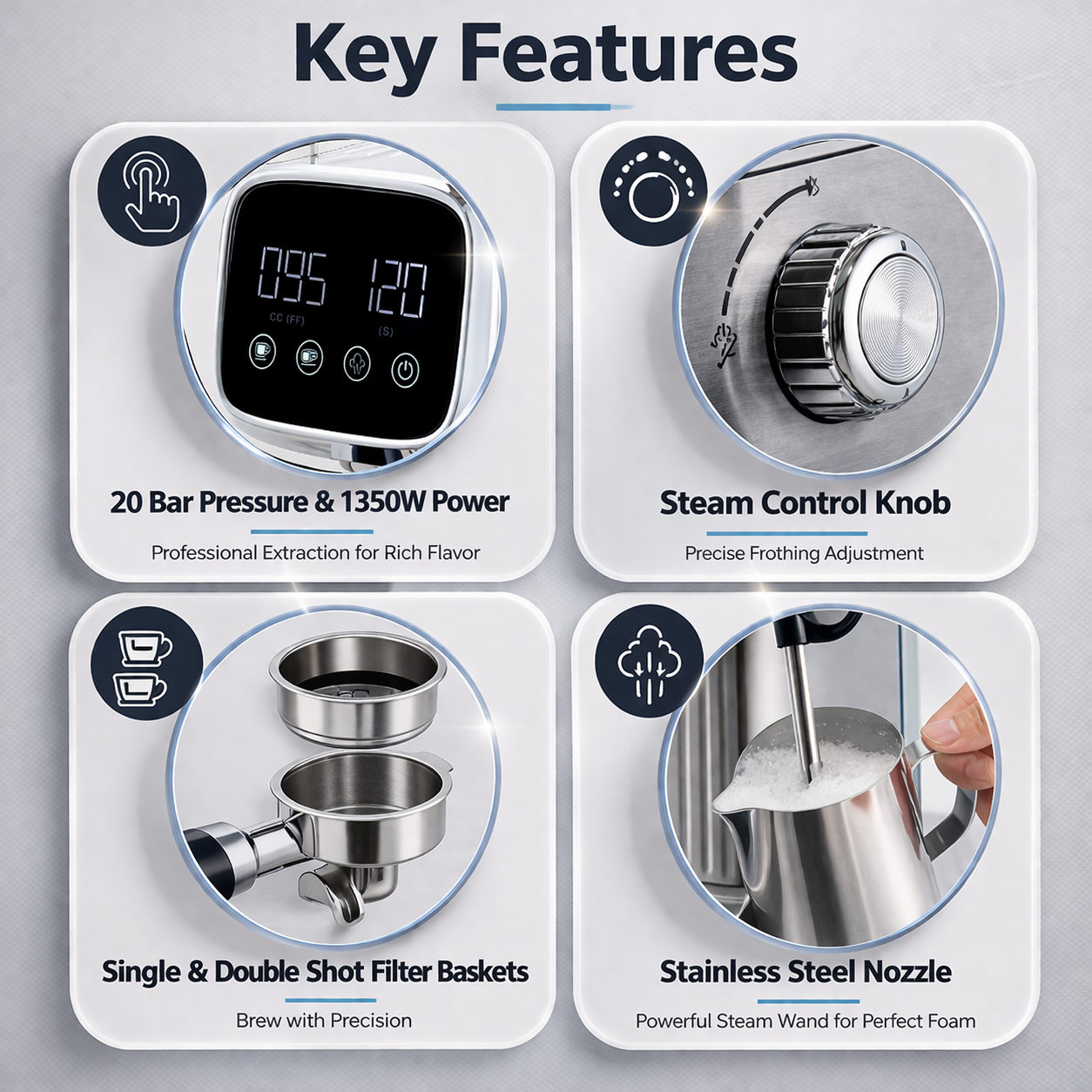 MDMV 20 Bar Espresso Coffee Machine with Milk Frother, 1350W LED Display, 51mm Portafilter, Compact Stainless Steel Coffee Maker for Cappuccino & Latte