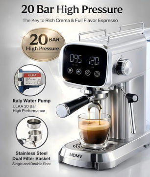 MDMV 20 Bar Espresso Coffee Machine with Milk Frother, 1350W LED Display, 51mm Portafilter, Compact Stainless Steel Coffee Maker for Cappuccino & Latte