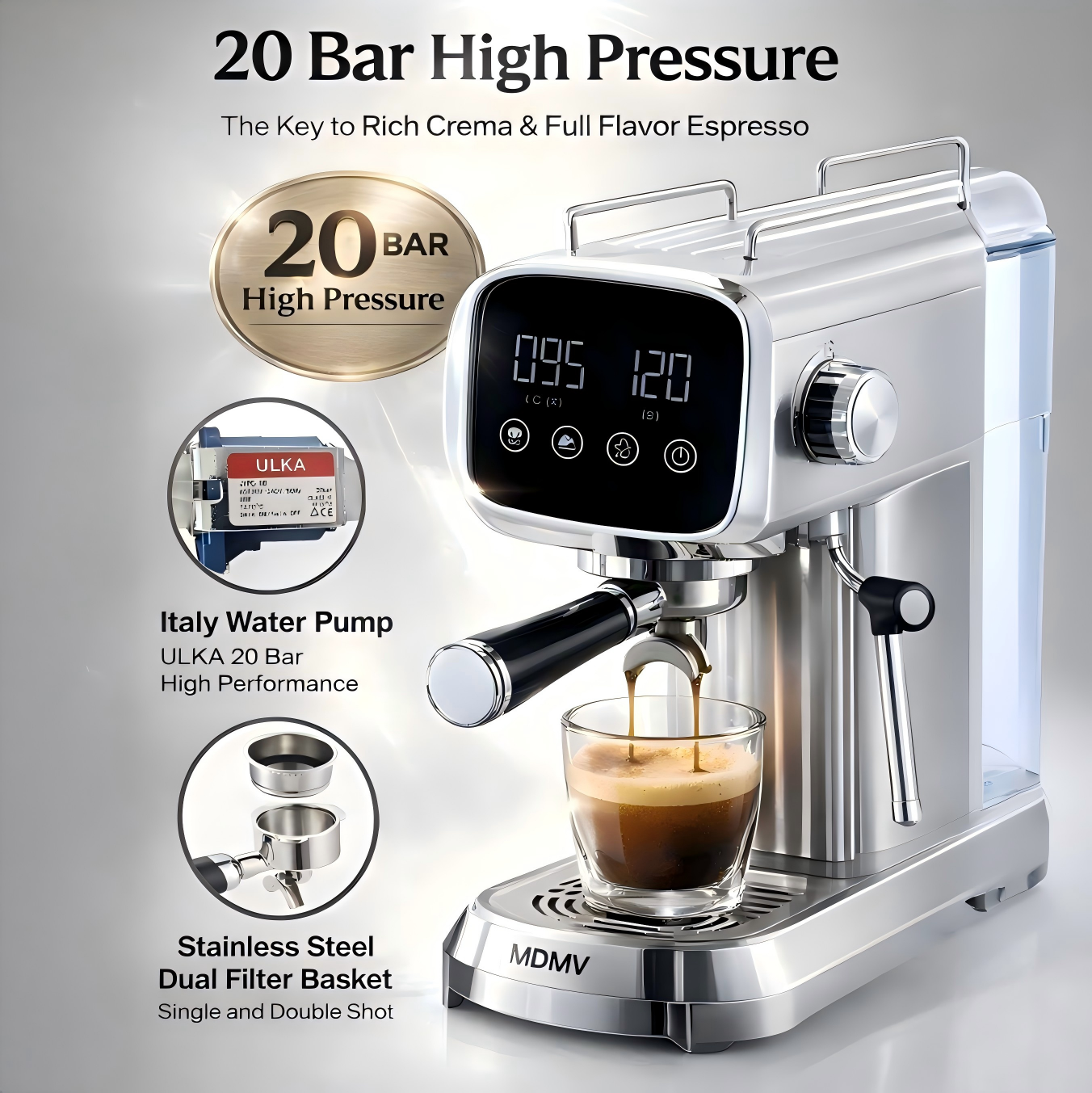 MDMV 20 Bar Espresso Coffee Machine with Milk Frother, 1350W LED Display, 51mm Portafilter, Compact Stainless Steel Coffee Maker for Cappuccino & Latte
