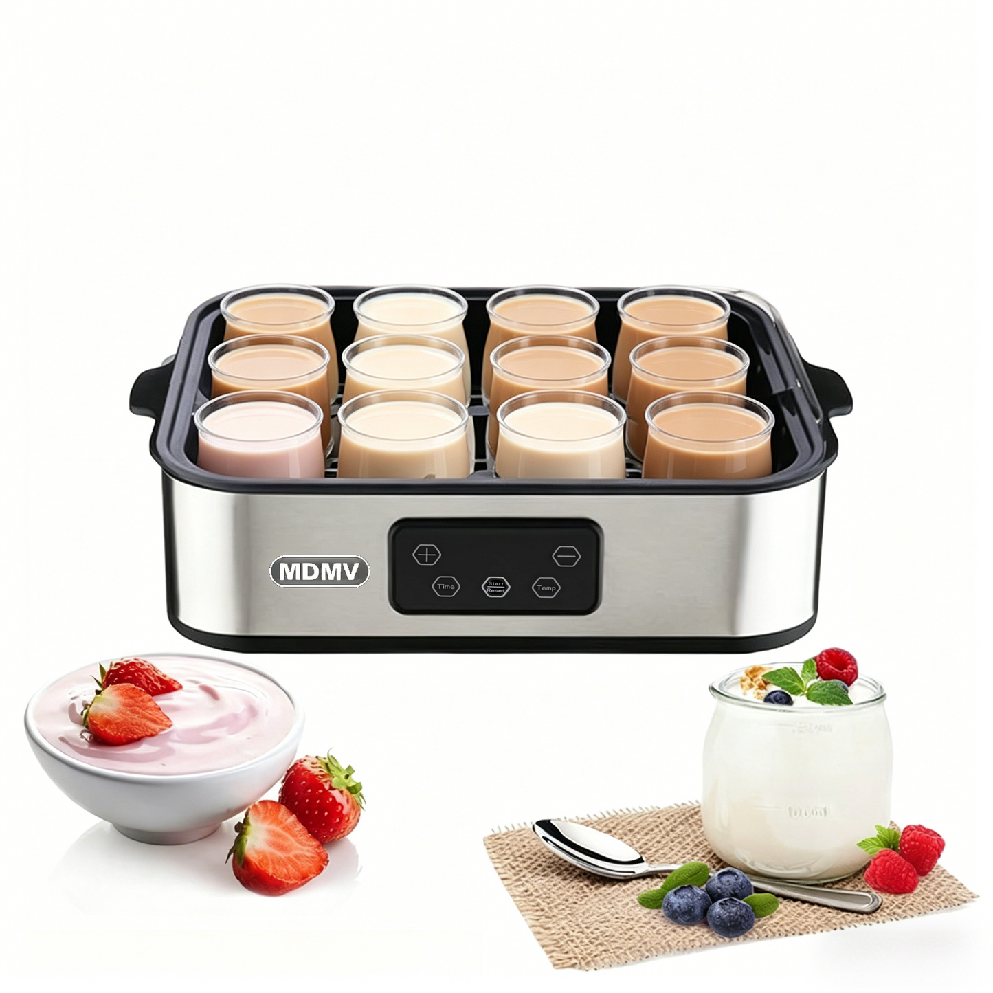 MDMV Yogurt Maker 12 Cups 2.16L Digital PTC Heating Stainless Steel with Glass Jars