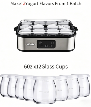MDMV Yogurt Maker 12 Cups 2.16L Digital PTC 25W Heating Stainless Steel with Glass Jars
