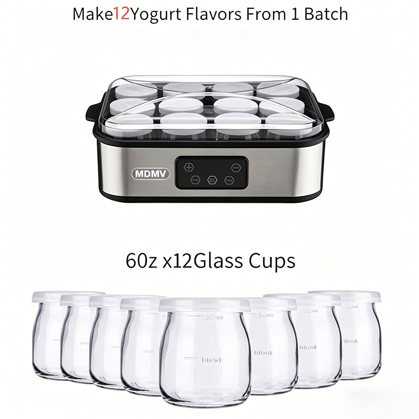 MDMV Yogurt Maker 12 Cups 2.16L Digital PTC Heating Stainless Steel with Glass Jars