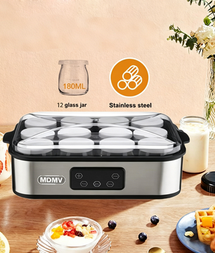 MDMV Yogurt Maker 12 Cups 2.16L Digital PTC 25W Heating Stainless Steel with Glass Jars