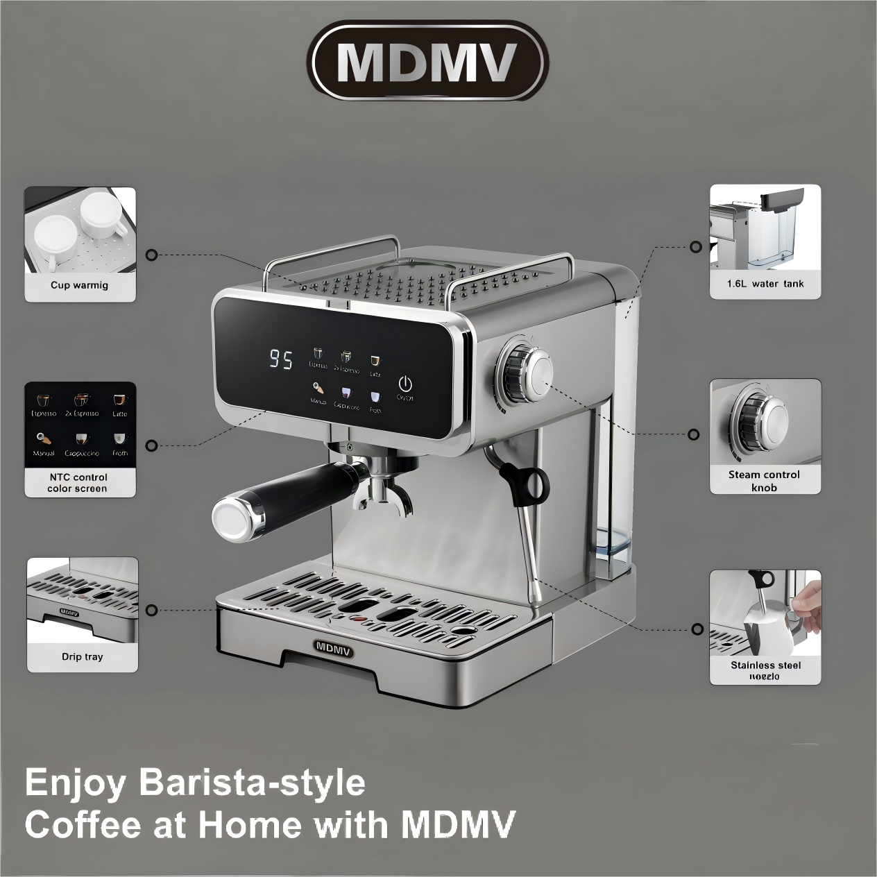 MDMV 20Bar Espresso Coffee Machine -Italian ULKA Pump, 51mm 1.6L Tank 1350W