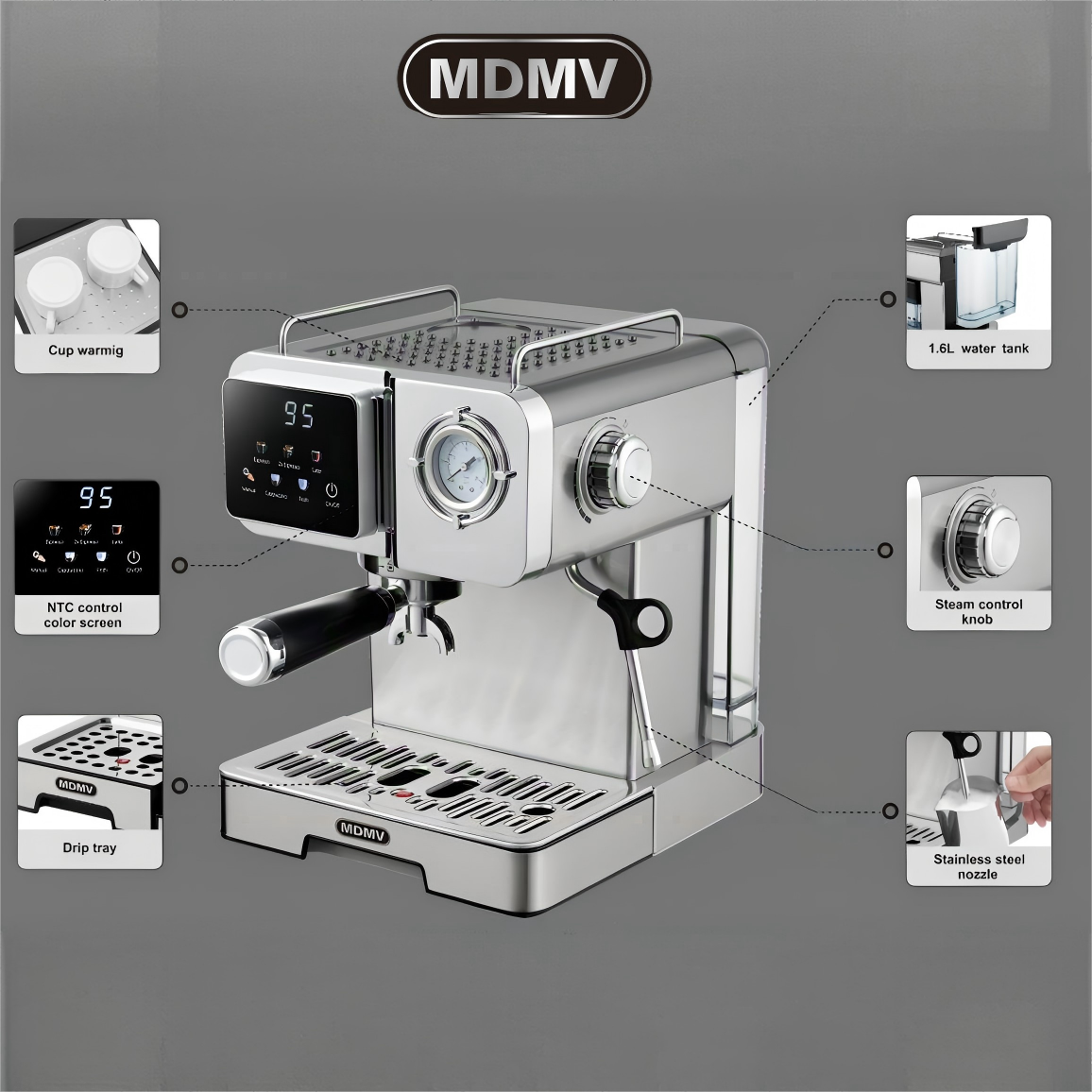 MDMV 58mm Espresso Coffee Machine - 20Bar ULKA Pump, 1.6L Tank, 1350W