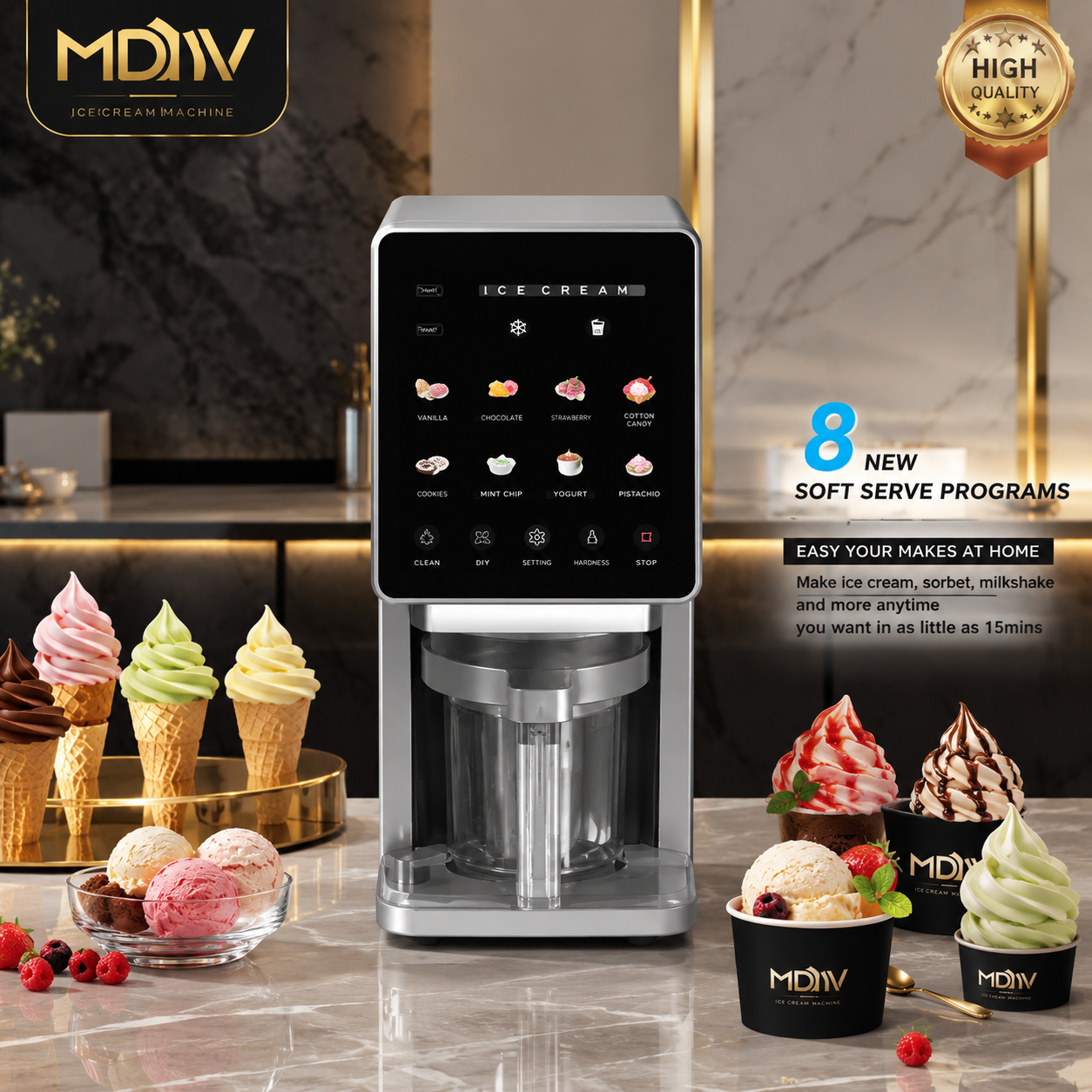 MDMV 800W Ice Cream Maker - 11 Preset Programs, Automatic Compressor Cooling, Touch Screen, 650ml Cup