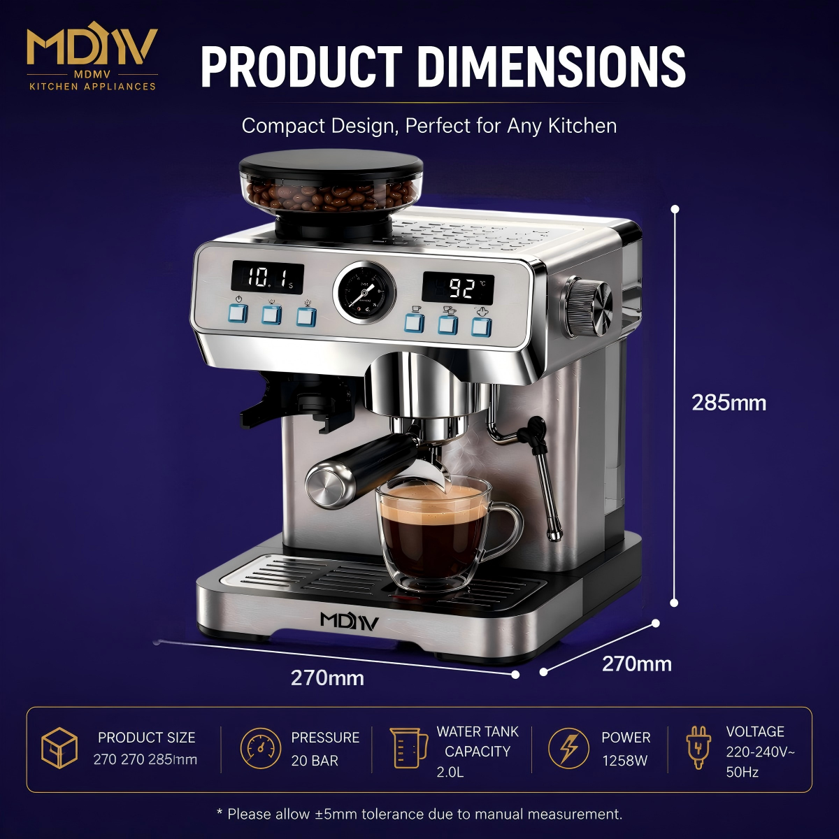 MDMV 20 Bar Espresso Machine with Grinder, Steam Wand & 2L Tank