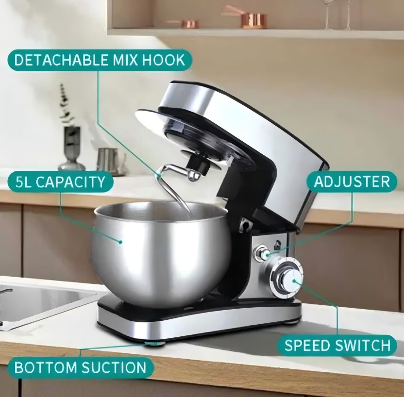 MDMV 1200W Stand Mixer - 5L Stainless Steel Bowl, 6 Speed Control